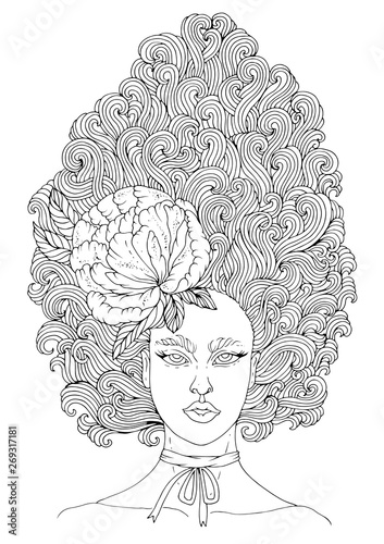 Billede på lærred Vector drawn portrait of a fairy girls with curly high hairstyle, developing hair up decorated with peony flower