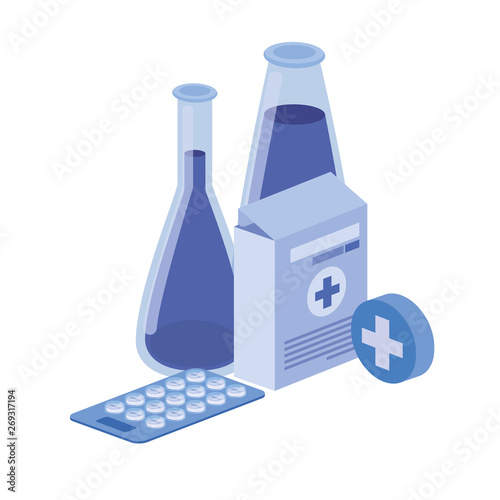 laboratory instruments with medicines in white background