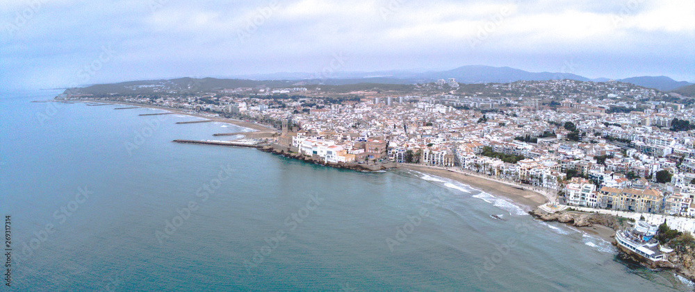 Aerial view in Port of Sitges, coastal village of Barcelona. Spain. Drone Photo