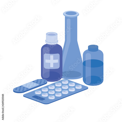 laboratory instruments with medicines in white background