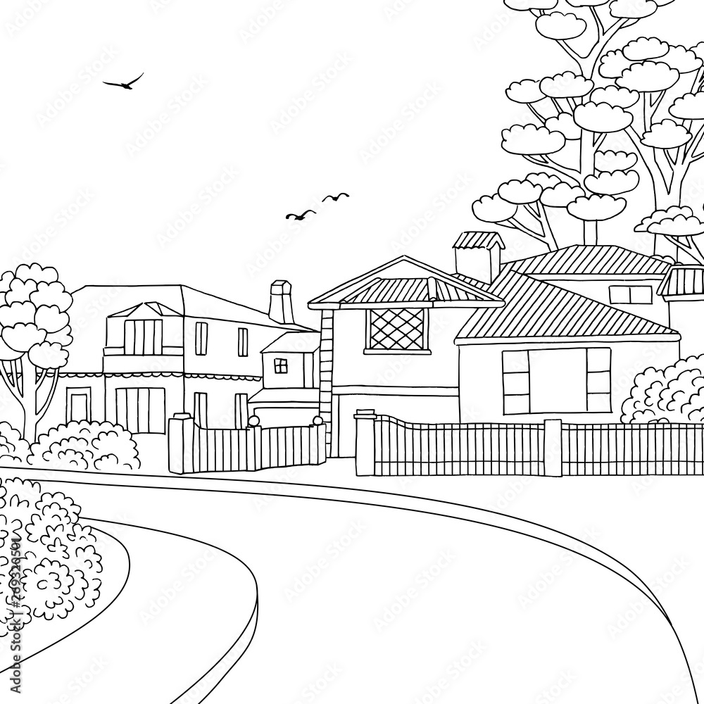 Hand drawn black and white illustration of a middle class suburban neighbourhood with houses, yard, pavement and trees