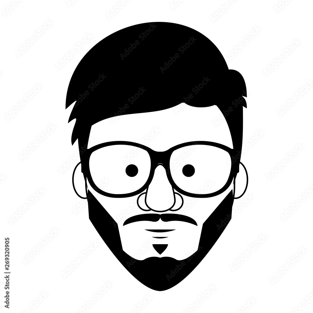 Hipster guy face cartoon in black and white