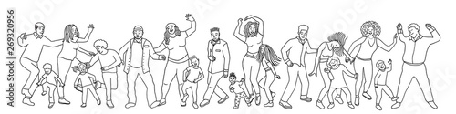 Hand drawn group of diverse people, children and adults, dancing happily together