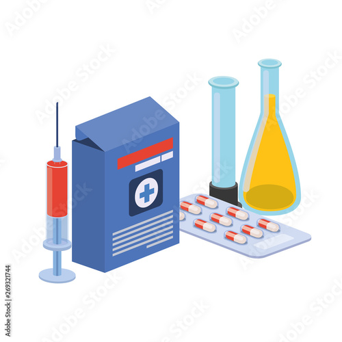 laboratory instruments with medicines in white background