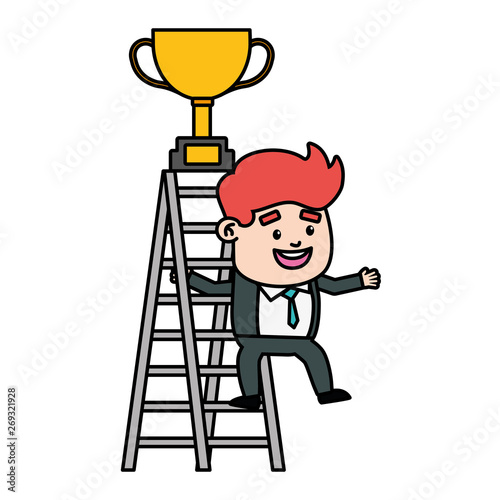businessman climb ladder trophy