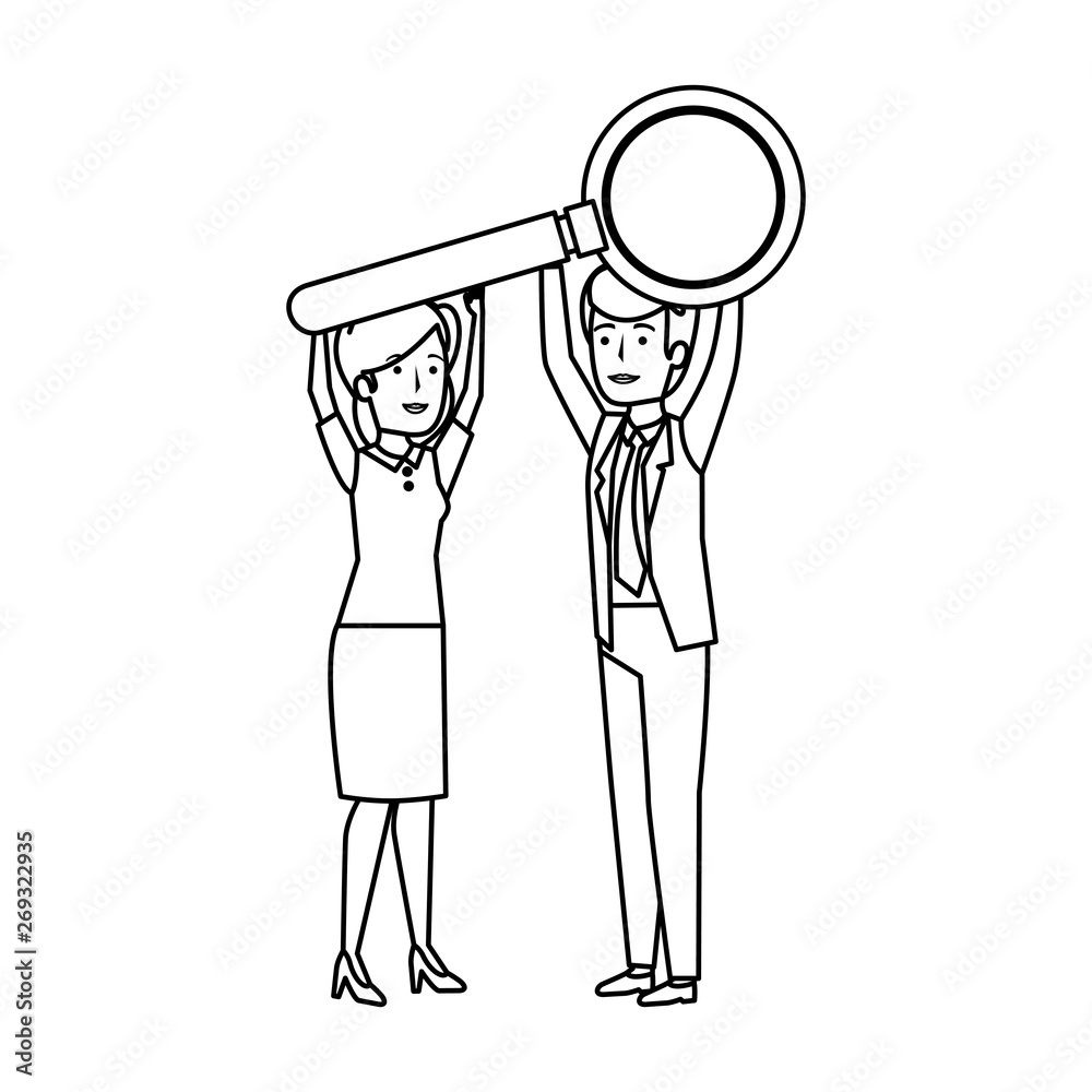 young business couple with magnifying glass young business couple with magnifying glass
