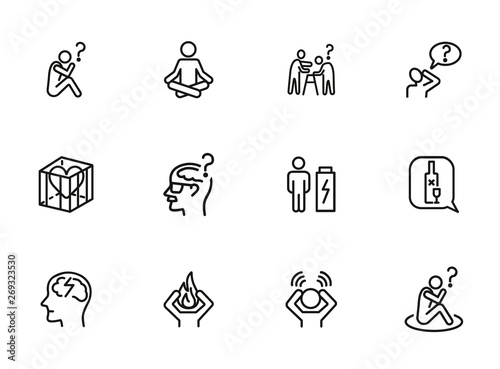 Mental health line icon set. Person, patient, brain, disease. Health concept. Can be used for topics like disorder, medical help, symptoms