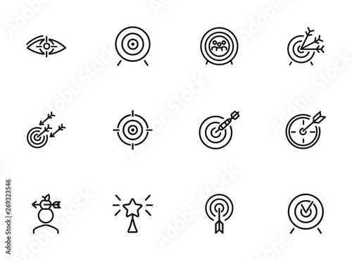 Targets line icon set. Accomplished goal, archery range, award winning. Goal concept. Can be used for topics like focus, goal achieving, darts
