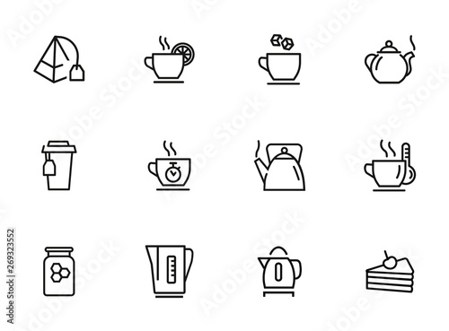 Tea time line icon set. Cup, sugar, pot, kettle, dessert. Tea concept. Can be used for topics like tea party, break, breakfast