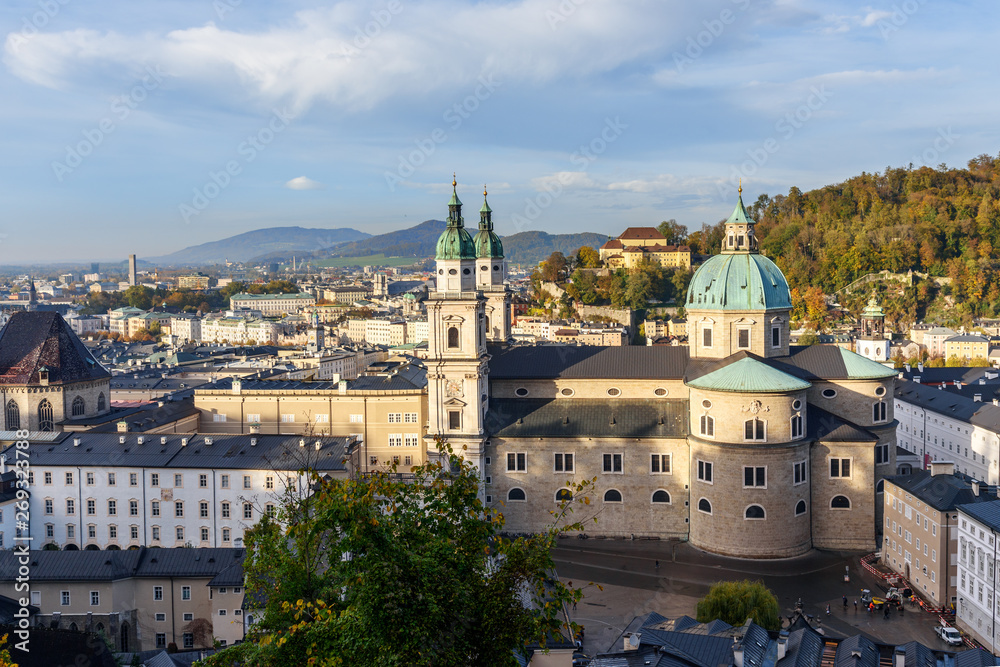 View on Salzburg Cathedral and cityscape from Hohensalzburg Fortress. Salzburg. Austria