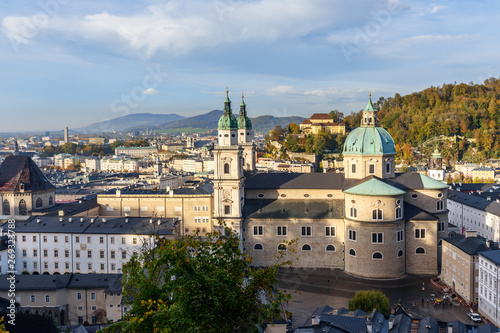 View on Salzburg Cathedral and cityscape from Hohensalzburg Fortress. Salzburg. Austria
