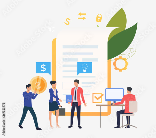Business people working and concluding contract. Finance, partnership, smart contract concept. Vector illustration can be used for topics like business, technology, management