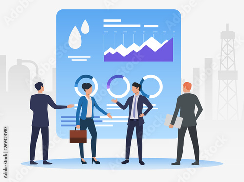 Business people working and discussing issues, data charts. Negotiations, management, oil industry concept. Vector illustration can be used for topics like business, marketing, analytics photo