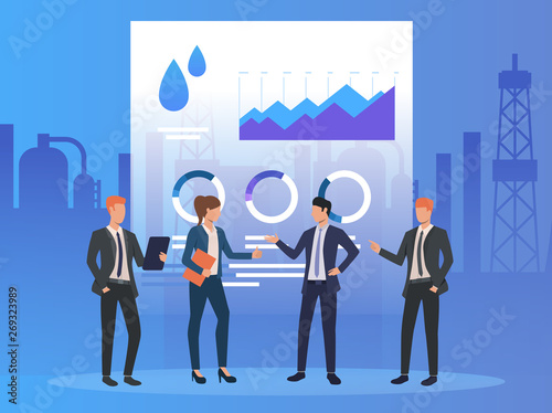 Business people working and discussing issues, diagrams. Negotiations, management, oil industry concept. Vector illustration can be used for topics like business, marketing, analytics