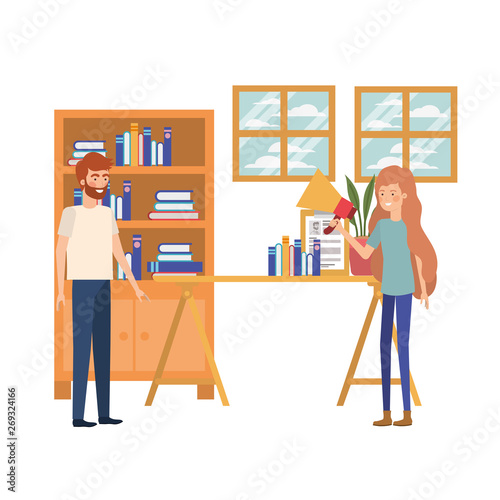 couple in the work office with white background