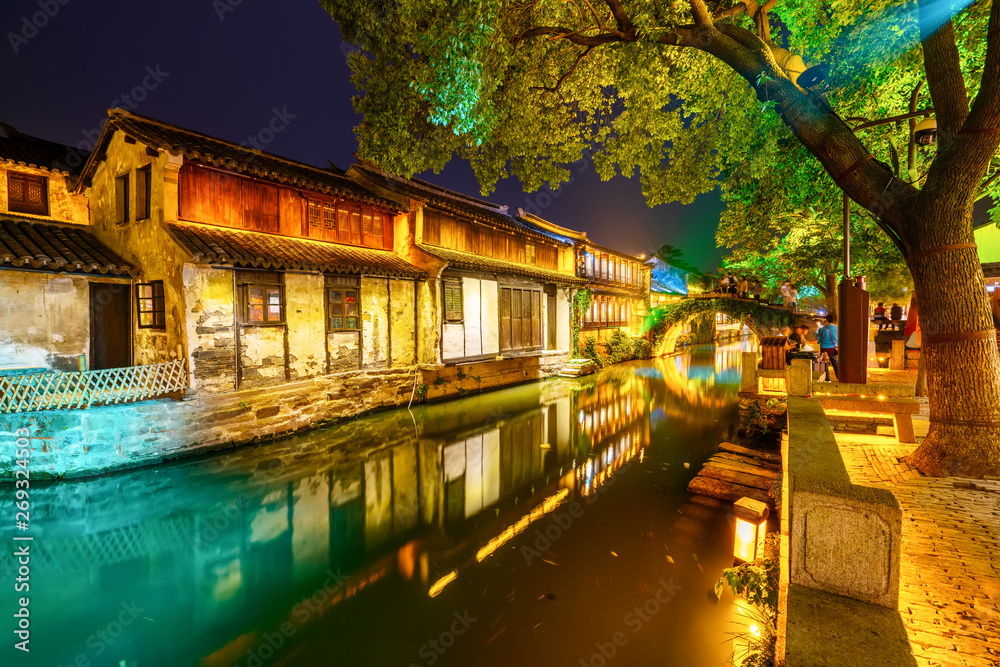 Beautiful Night View of Zhouzhuang, an Ancient Town in Jiangsu Province