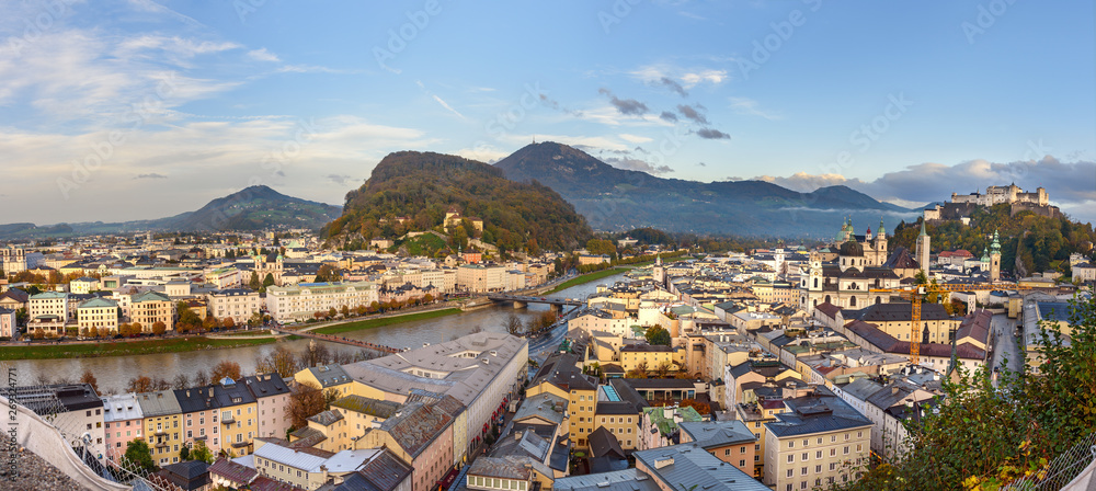 Panorama of Salzburg and Salzach river, Hohensalzburg Fortress on the hill. Austria