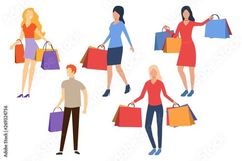 Set of shopaholics. Young man and women holding, carrying and showing shopping bags. People concept. Vector illustration can be used for topics like purchases, store, shoppers