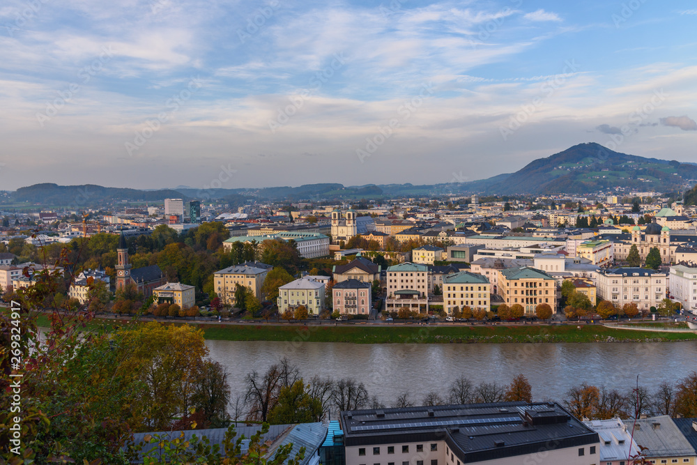 Fototapeta premium View of Salzburg and Salzach river from Monchsberg mountain. Austria