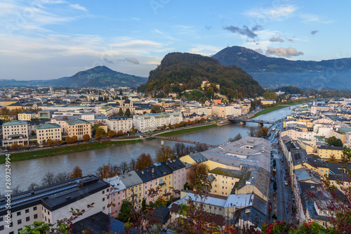View of Salzburg and Salzach river from Monchsberg mountain. Austria © Elena Odareeva