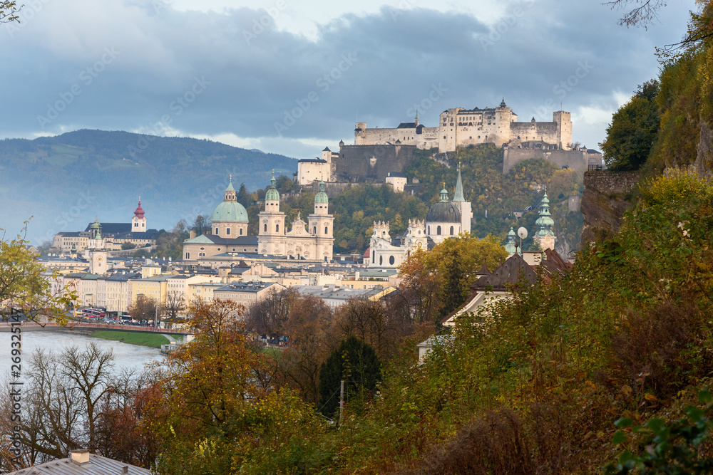 View of Salzburg and Salzach river, Hohensalzburg Fortress on the hill. Austria