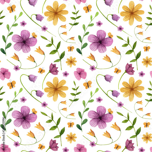 Seamless Pattern. Flowers with leaves, butterfly. Watercolor and colored pencil illustration.
