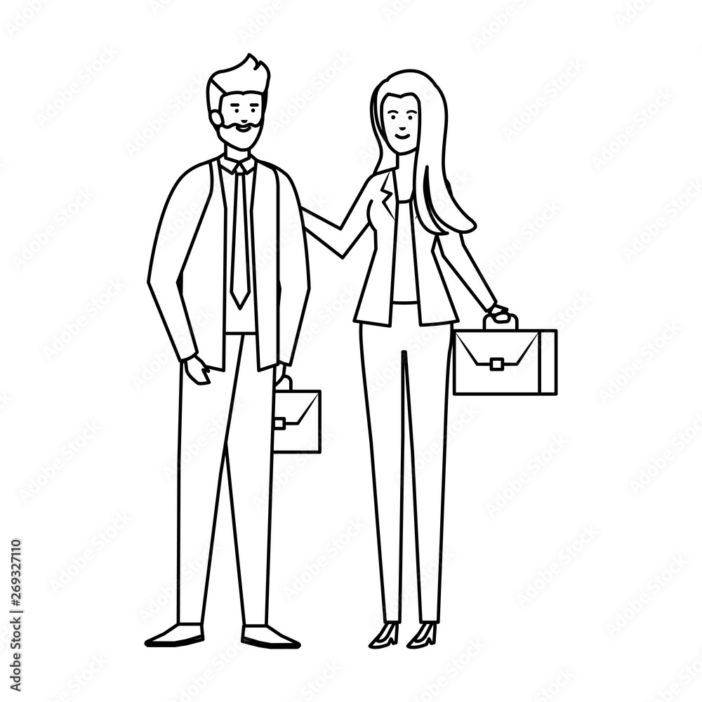young business couple with portfolio characters