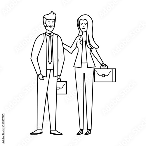 young business couple with portfolio characters