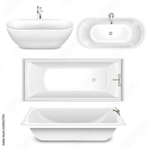 Set of bathtubs top and side view. Faucets water taps. Realistic style. Isolated on white background. Vector illustration.