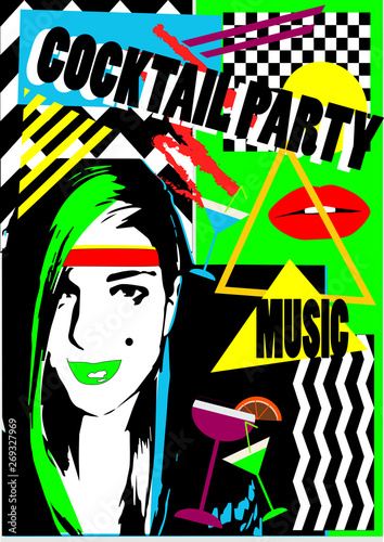 Cocktail party girl with lips and martini glass  pop art