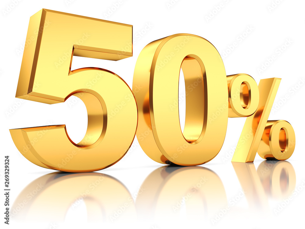 3d render illustration. Golden fifty percent on a white background.