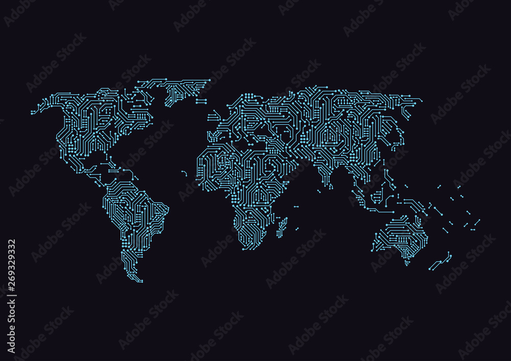 Global network digital circuit connection. World map point and line composition concept of global business. Vector Illustration