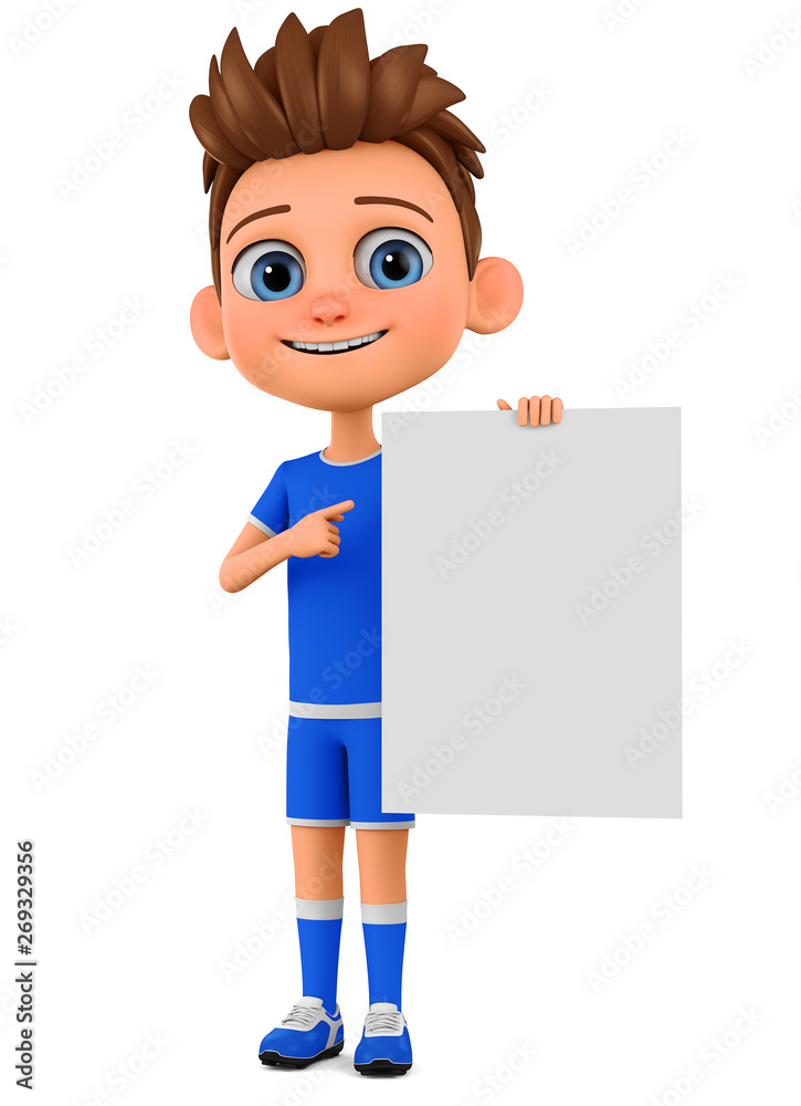 Cartoon character boy in sports uniform pointing to a blank board. 3d render illustration. Illustration for advertising. Cartoon character boy in sports uniform pointing to a blank board. 3d render illustration. Illustration for advertising.