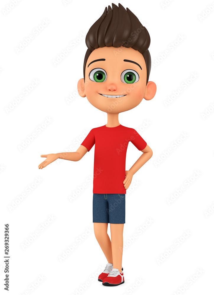 Cartoon character boy points hand at empty space on a white background. 3d rendering. Illustration for advertising. Cartoon character boy points hand at empty space on a white background. 3d rendering. Illustration for advertising.