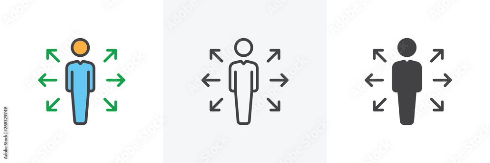 Person and arrows icon. Line, glyph and filled outline colorful version, Decision outline and filled vector sign. Career opportunities symbol, logo illustration. Different style icons set. Person and arrows icon. Line, glyph and filled outline colorful version, Decision outline and filled vector sign. Career opportunities symbol, logo illustration. Different style icons set.