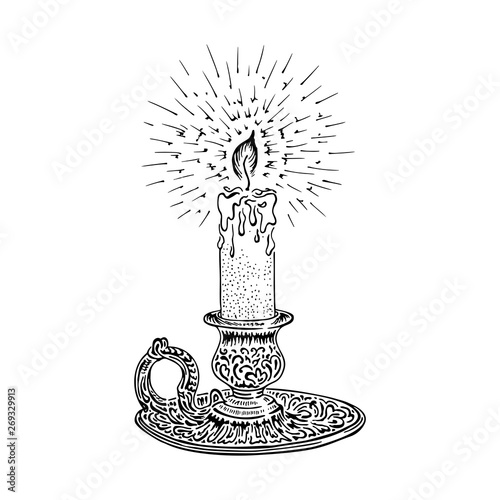 Candle sketch. Hand drawn vector illustration of a burning candle with rays of light.