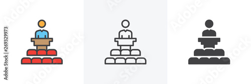 Speaker on a tribune icon. Line, glyph and filled outline colorful version, Business conference outline and filled vector sign. Symbol, logo illustration. Different style icons set. Vector graphics