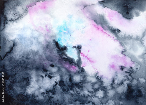 Fantasy grey and pink clouds. Abstract hand painted watercolor texture.
