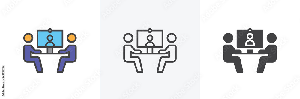 Video conference icon. Line, glyph and filled outline colorful version, businessmen communicate at a table outline and filled vector sign. Symbol, logo illustration. Different style icons set. Video conference icon. Line, glyph and filled outline colorful version, businessmen communicate at a table outline and filled vector sign. Symbol, logo illustration. Different style icons set.