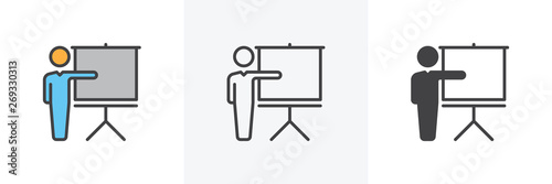 Training, conference icon. Line, glyph and filled outline colorful version, Man and presentation board outline and filled vector sign. Symbol, logo illustration. Different style icons set.