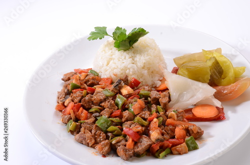 meat saute with rice white background photo