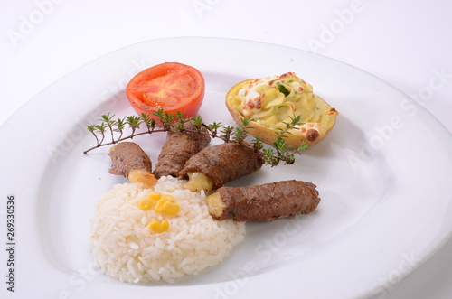 rolled beef with cheese stuffed served with rice