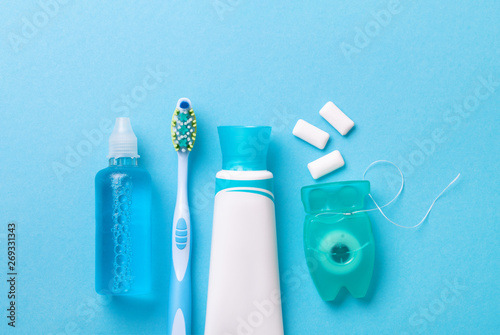 Tools for dental care: orthodontic brush, floss, toothpaste. Invisible dental aligners modern tooth brackets transparent braces to straighten teeth in cosmetic dentistry and orthodontics