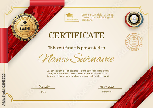 Official retro certificate with red gold design elements. Red ribbon and gold emblem. Vintage modern blank