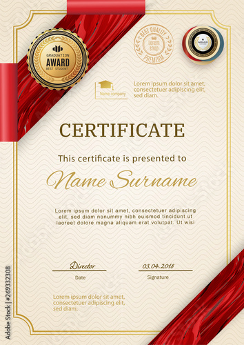 Official retro certificate with red gold design elements. Red ribbon and gold emblem. Vintage modern blank