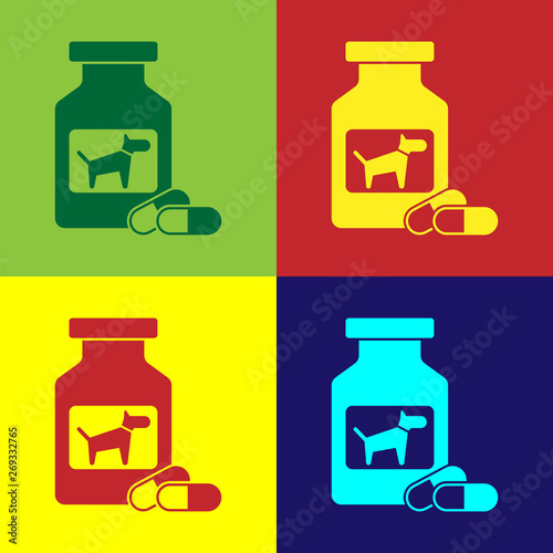 Color Dog medicine bottle and pills icon isolated on color backgrounds. Container with pills. Prescription medicine for animal. Vector Illustration