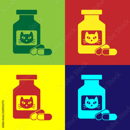 Color Cat medicine bottle and pills icon isolated on color backgrounds. Container with pills. Prescription medicine for animal. Vector Illustration