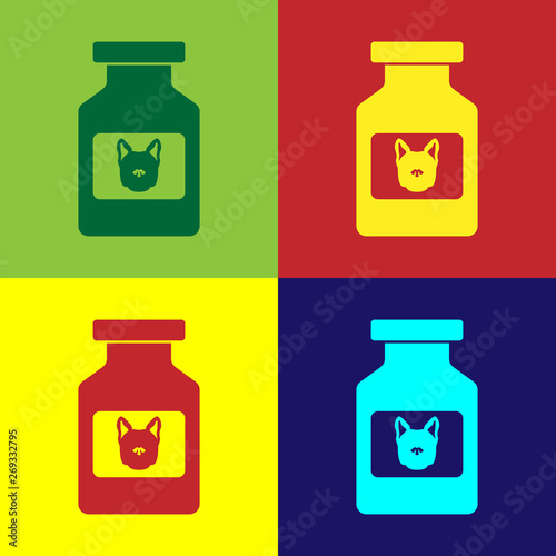 Color Dog medicine bottle icon isolated on color backgrounds. Container with pills. Prescription medicine for animal. Vector Illustration