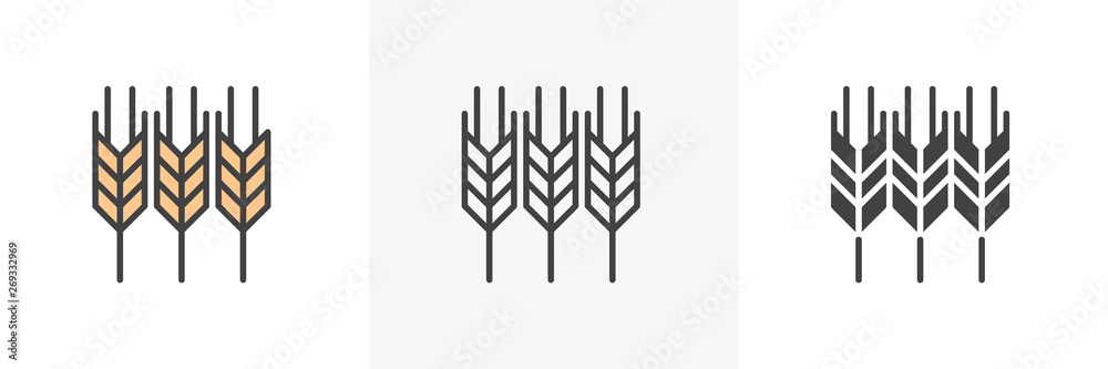 Ears of wheat icon. Line, glyph and filled outline colorful version, Wheat, barley outline and filled vector sign. Agriculture symbol, logo illustration. Different style icons set. Vector graphics