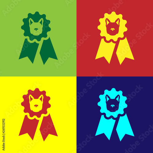 Color Dog award symbol icon isolated on color backgrounds. Medal with dog footprint as pets exhibition winner concept. Vector Illustration